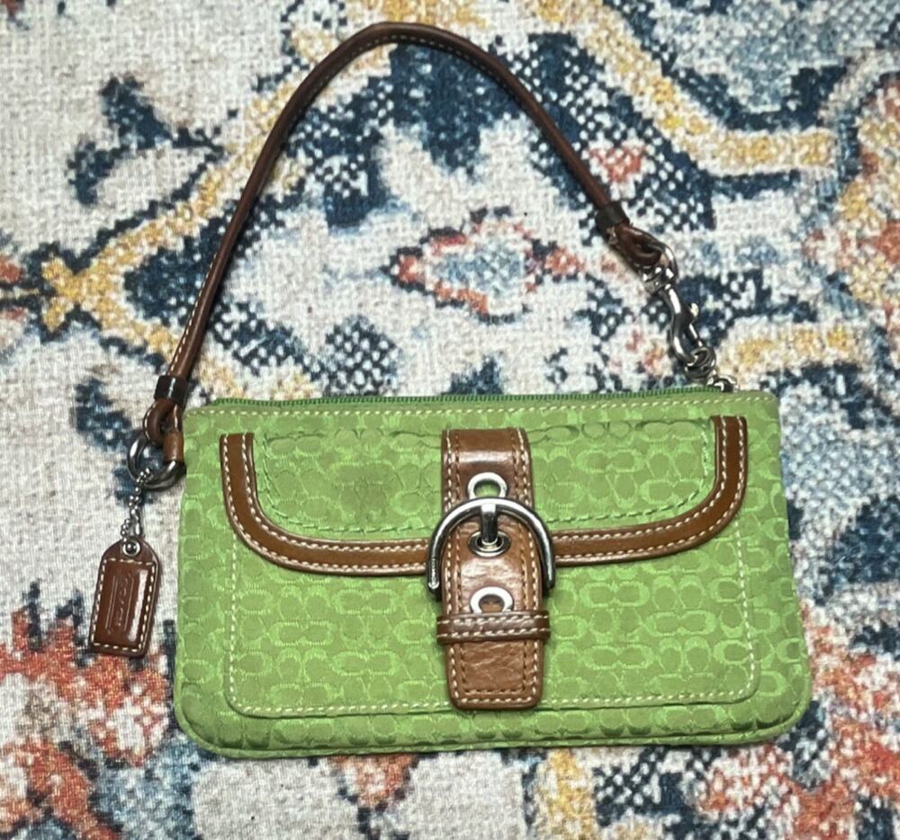 Coach Soho Mini Signature Jacquard Wristlet Green Brown Leather Buckle VTG Y2K